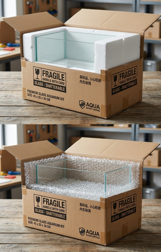 Wrap the glass aquarium with foam sheets or bubble wrap before placing it into a cardboard box.
